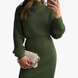 LILLUSORY Women's Green Mock Neck Trendy Casual Green Knit Dress
